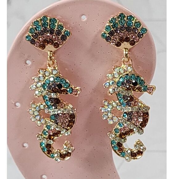 Seahorse Rhinestone Dangle Earrings Multi Color Post Earrings Sealife Ocean - Picture 1 of 6